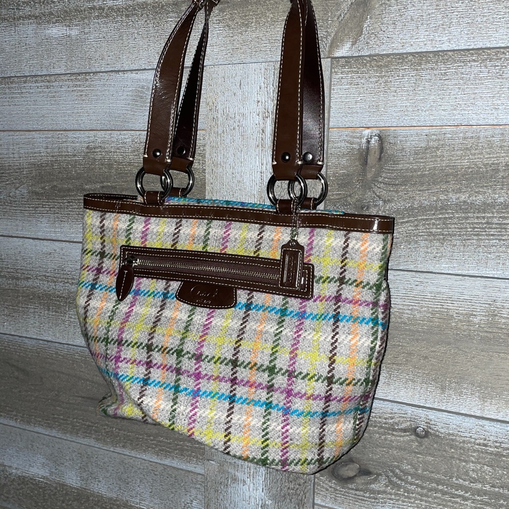 COACH Wool TATTERSALL Tweed PENELOPE Tote LEATHER Trim SHOULDER Bag F15536